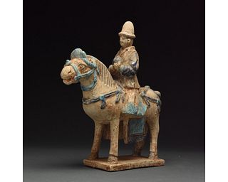 MING DYNASTY TERRACOTTA HORSE AND RIDER FIGURE