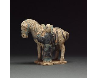 MING DYNASTY TERRACOTTA HORSE AND GROOM FIGURE