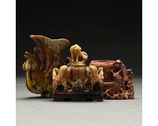 A GROUP OF THREE SOAPSTONE CARVINGS, CHINA