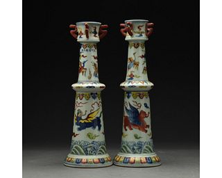 A PAIR OF DOUCAI-STYLE CANDLESTICKS, CHINA