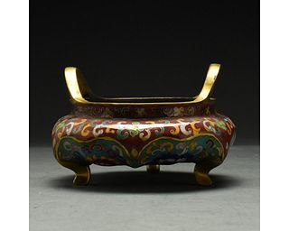A CLOISONNÉ ENAMEL FLOWER-SHAPED TRIPOD CENSER AND COVER, CHINA