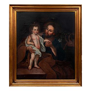 Anónimo. San José y el niño. Óleo sobre tela. Enmarcada. 83 x 71 cm