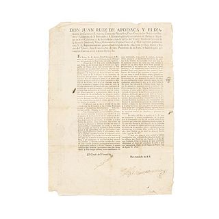 Ruiz de Apodaca y Eliza, Juan. Bando: Quedan Abolidos Todo Tipo de Repartimiento de Indios. Méjico, 1820. Rubric.
