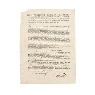 Negrete, Pedro Celestino. Bando: Para que se Forme una Junta Consultiva y Auxiliar del Gefe Militar. Guadalajara, 1821. Rubric. 1 page.