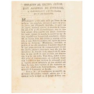 P. A. J. Desafío al Excmo. Señor Don Agustín de Iturbide, y Contestación a su Proclama de 27 de Setiembre. México, 1821.