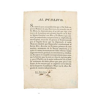 Corro, José María. Anuncio al Publico. Guadalajara, mayo 29 de 1822. Rubric. One page.