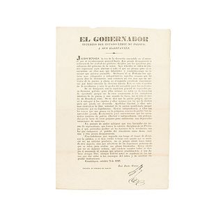 Corro, José Justo. El Gobernador Interino del Estado Libre de Jalisco a sus Habitantes. Guadalajara, 1828. Rubric.