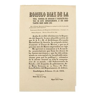 Díaz de la Vega, Rómulo / Castañeda, José Joaquín. Noticia / Aviso. Guadalajara, 1864.