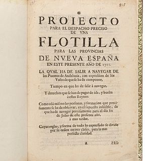Tinaxero de la Escalera, Bernardo. Proiecto para el Despacho Preciso de una Flotilla para las Provincias de Nueva España... Madrid,1711