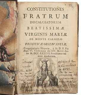 Constitutiones Fratrum Discalceatorum Beatissimae Virginis Mariae de Monte Carmelo Primitivae Observantiae. Matriti, 1787.