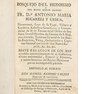 Valdés, Manuel Antonio. Bosquejo de Heroísmo del Exmo. Señor Baylo Fr. Don Antonio María Burcareli y Ursua. México, 1779.