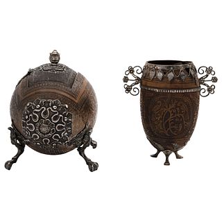 Chocolate cup and jewelry box made out of coconut shells*, Mexico, 18th century. Sgraffito coconut shells with silver details.