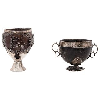 Pair of chocolate cups made of coconut shells*, Mexico, 18th century, Sgraffito coconut shells with silver details