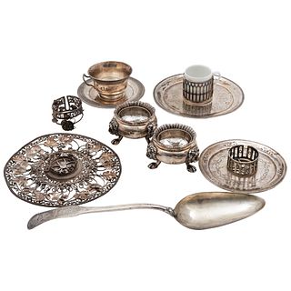 Lot of Table Implements*, Mexico, 18th-19th centuries, Silver (three trembleuse, cup with plate, spoon, two tins). 8 pieces