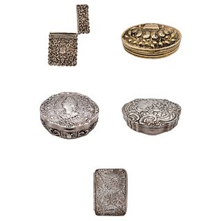 Lot of Snuff Boxes and Cigar Case, Mexico, 18th-19th century, Silver. Some golden pieces, some embossed, chiselled or filigree
