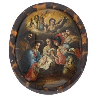 Nun's shield, Mexico, 19th century, Oil on copper sheet, Tortoiseshell-style paste frame, With image of the Adoration of the Christ