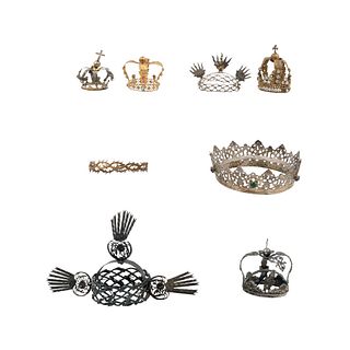 Lot of Crowns, Tiaras, and Adornments for Religious Figures, Mexico, 19th-20th centuries, Silver and gold simulant metals.