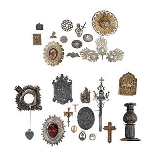 Lot of Finials, Plaques, and Fragments, Mexico, 18th-20th centuries, low-grade silver, silver and golden metals