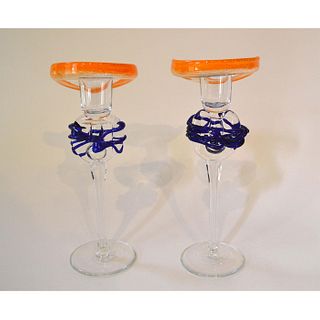 TAMAIAN ART DECO HAND BLOWN CANDLE HOLDERS, PAIR