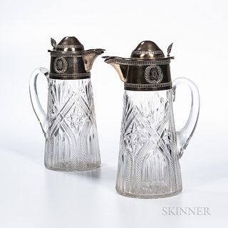 Pair of French Silver-gilt and Cut Glass Wine Ewers