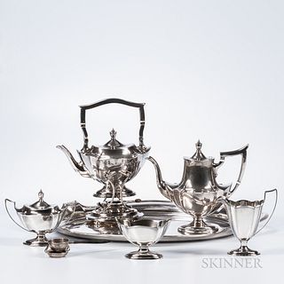 Five-piece Gorham "Plymouth" Pattern Sterling Silver Tea and Coffee Service with a Matching Silver-plated Tray