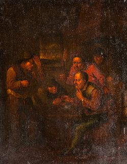 School of Egbert van Heemskerck the Younger (Dutch, 1676-1744)      Men Clustered at a Tavern Table, Reacting in Surprise