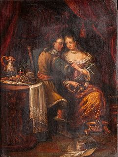 Dutch School, 17th/18th Century      Courting Couple Seated Beside a Table Laden with Food and Drink