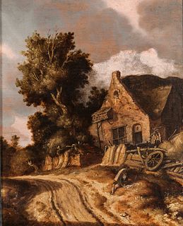Dutch School, 19th Century      Cart Path with Resting Figure Reading in Front of a Cottage
