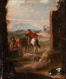 Manner of Philips Wouwerman (Dutch, 1619-1668)      Two Horsemen and a Dog Resting by Ruins