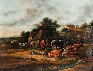 Dutch School, 17th Century      Rural View with Figures, Cottages, and Domestic Animals