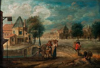 Attributed to Andreas Martin (Dutch, 1720-1767)      Figures Heading to Market in a Dutch Town