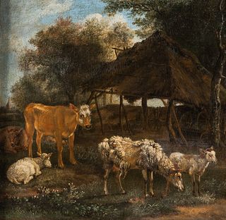 Attributed to Karel Dujardin (Dutch, 1626-1678)      Cows and Sheep Beside a Shed