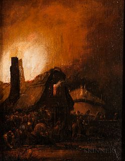 School of Egbert Lievensz van der Poel (Dutch, 1621-1664)      Night Scene with Thatched Cottage Ablaze