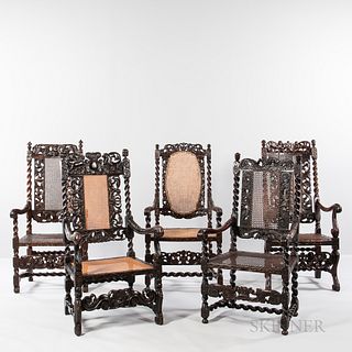 Five Carved and Caned High-back Open Armchairs