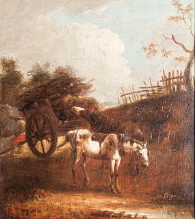 Dutch School, 17th Century Style      Peasant at Rest with Draft Horses and a Laden Cart