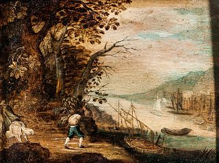 British School, 18th Century      View Towards Vessels on a River with a Figure and Rider on the Bank