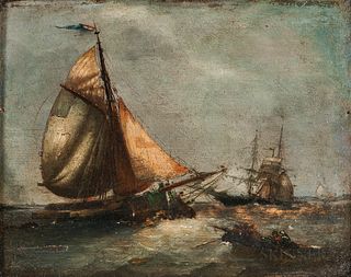 Dutch School, 18th Century      Fishing Vessel with Patched Sails and Other Ships in Coastal Waters