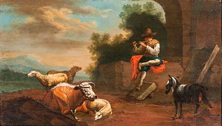 Dutch School, 19th Century      Shepherd Boy Playing a Flute with Cow, Sheep, and a Goat