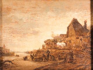 After Adriaen van Ostade (Dutch, 1610-1685)      Landscape with Canal, Village Houses, and Figures on the Ice