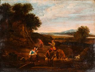 Dutch School, 17th Century Style      Shepherdess with a Distaff with Other Figures and Animals in a Landscape