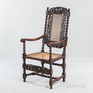 Carved Walnut and Caned High-back Open Armchair