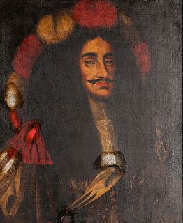 Flemish School, 17th Century Style      Royal Man, Thought to be Charles II of England, in an Elaborate Red and White Plumed Hood