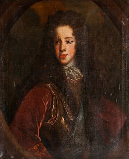 French School, 17th/18th Century      Portrait of a Young Man in a Long Brown Wig Looking to the Right, in a Painted Oval