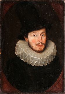 Dutch School, 17th Century      Bust-length Portrait of a Man in a Ruff and Tall Hat, in a Painted Oval