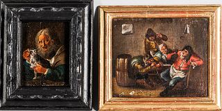 Dutch School, 17th Century Style      Two Primitive Genre Scenes: Man with a Cat