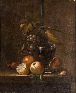 Dutch School, 17th Century      Tabletop Still Life with Hanging Grapes, Fruit, and Wineglass