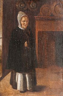Dutch School, 18th Century      Cloaked Woman, Perhaps a Nun, Standing by a Hearth