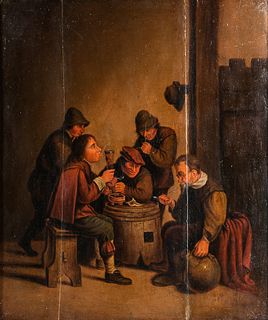 Dutch School, 17th Century Style      Men Smoking and Drinking Around a Half-barrel Table