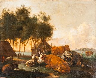 School of Nicolaes Petersz Berchem (Dutch, 1620-1683)      Cattle and Sheep in a Farm Landscape