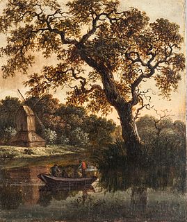 School of Jan Wijnants (Dutch, 1632-1884)      Landscape with Large Oak Tree, Windmill, and Small Boat on a River